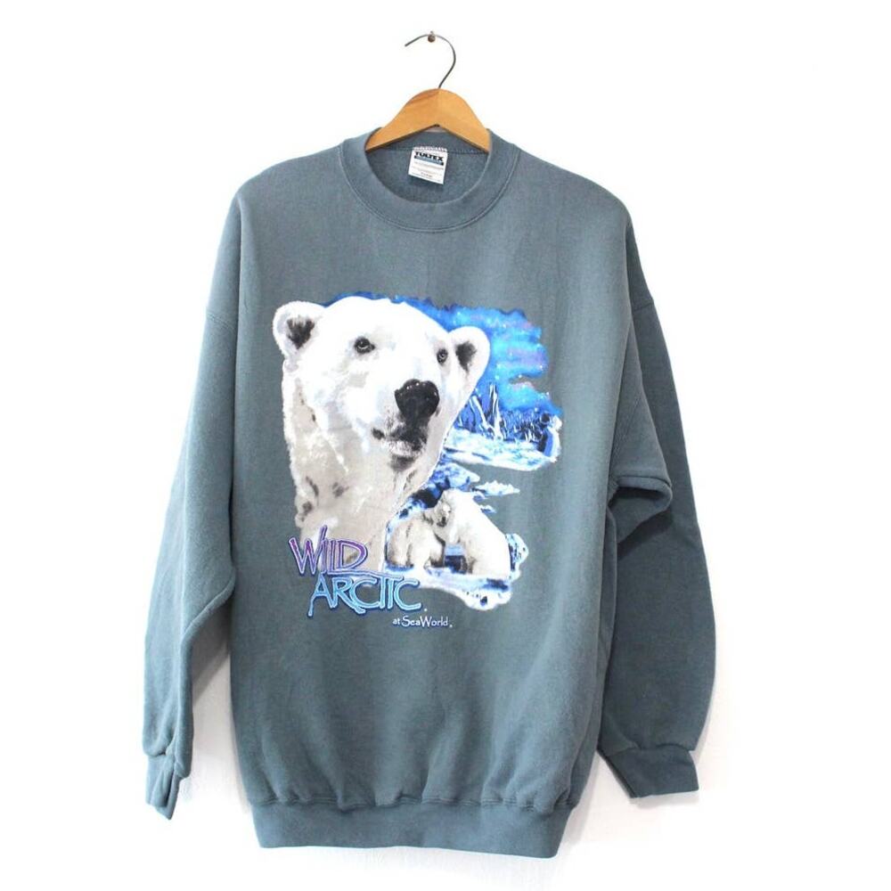 Vintage 90s SeaWorld Wild Arctic Polar Bear Green Sweatshirt Mens XL